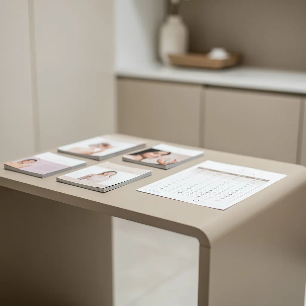 Aesthetic clinic reception desk with treatment brochures and consultation price list