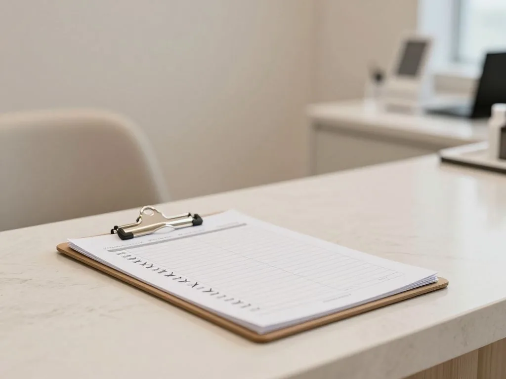 Aesthetic clinic consultation intake form and booking desk